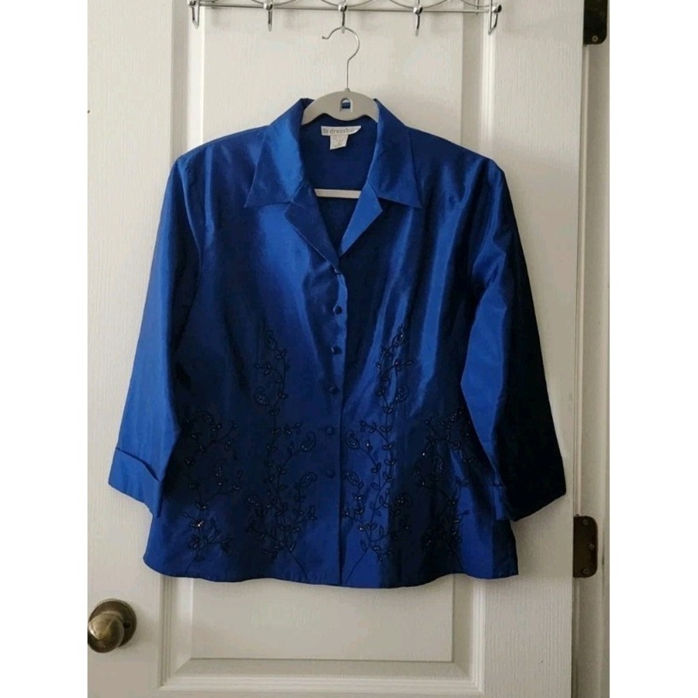 dressbarn Women's Pure Silk Button Up Blouse Embroidered Royal Blue Size L